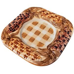 Vintage Yankee Candle Plate Tray Catchall Gingham Cottage County Corn Harvest